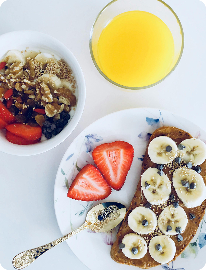 Healthy breakfast with fruit and juice